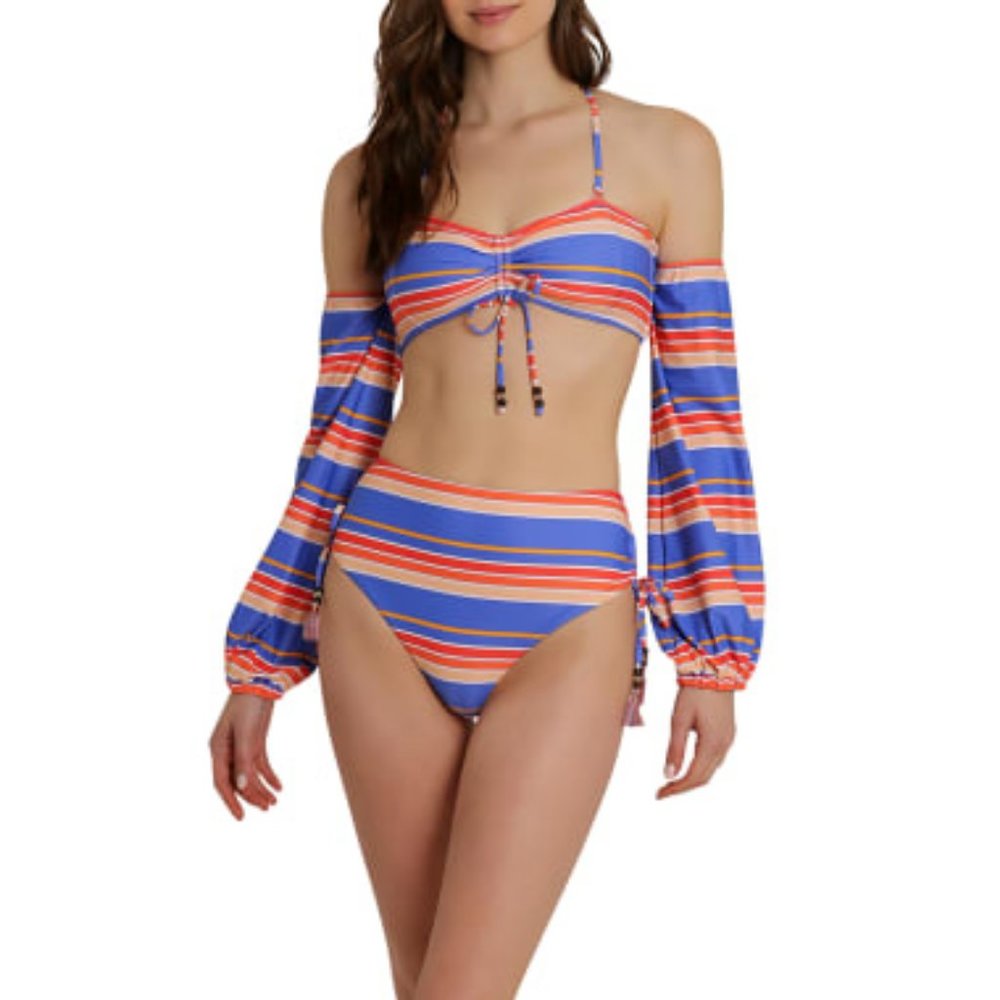 Letarte Sardinia Striped High-Waist Bikini Bottoms and Sleeved Bandeau Top
